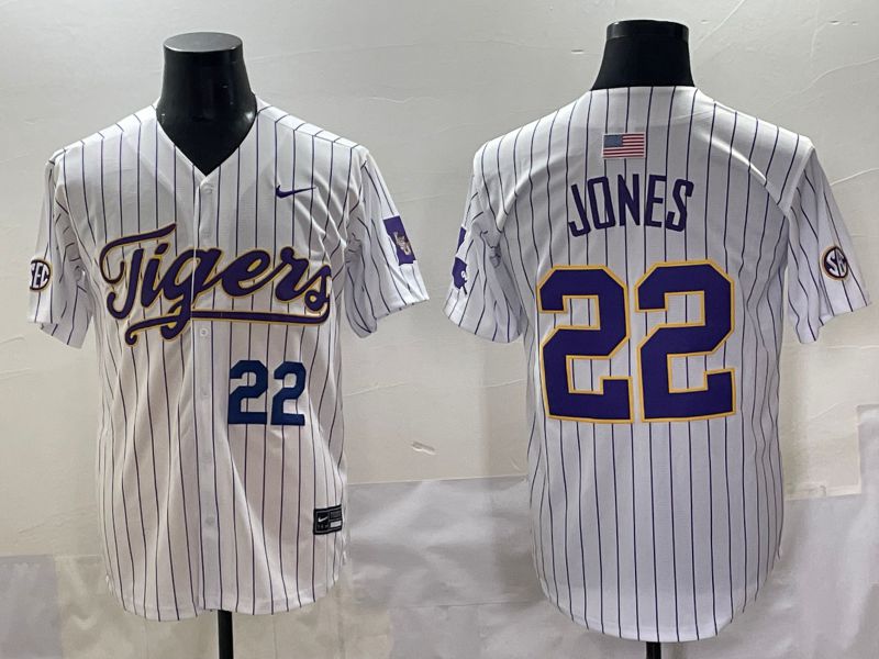 Men 2025 LSU Tigers #22 Jones White Stripe Nike Joint Name Nike NCAA Jersey style 3->ncaa teams->NCAA Jersey